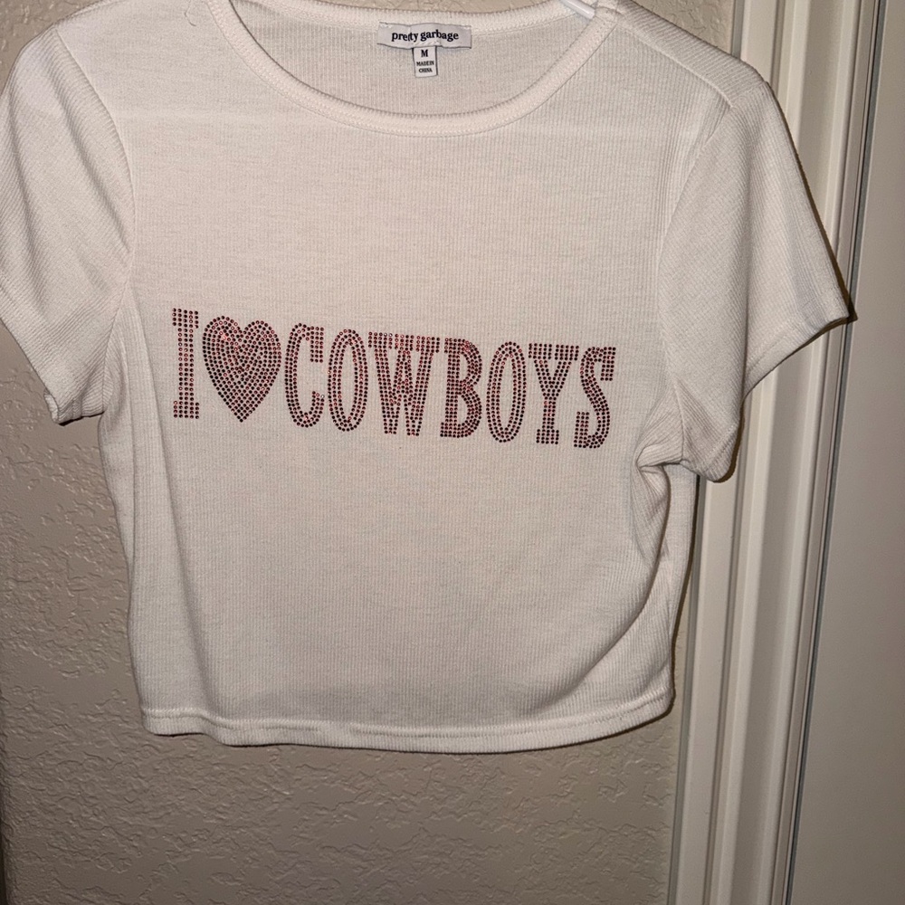 Pretty Garbage White 'I Love Cowboys' Crop Top